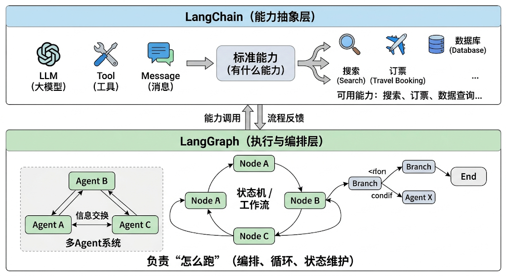 LangChain 能力抽象层与 LangGraph 编排层